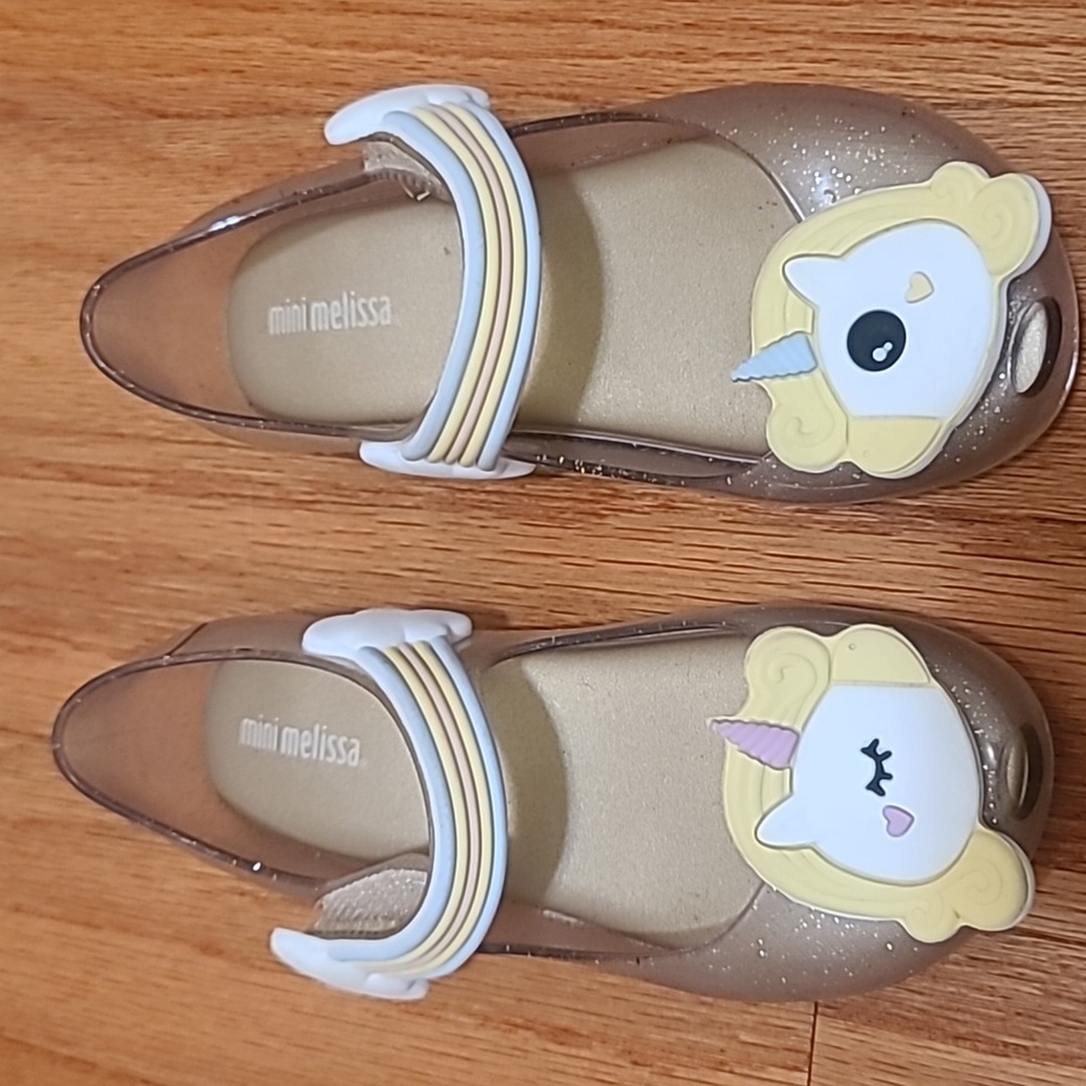 MINI MELISSA ULTRA GIRL UNICORN PEEP TOE SHOES CLEAR/GOLDGLITTER in size C11